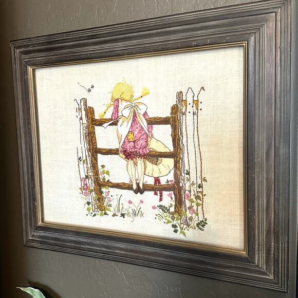 Holly Hobbie Garden Gate Embroidered Needle Point Vintage Framed Art - Picture 2 of 12